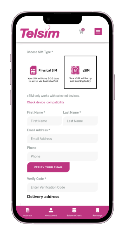 A view of selecting options for Physical SIM & online eSIM Australia on a mobile screen.